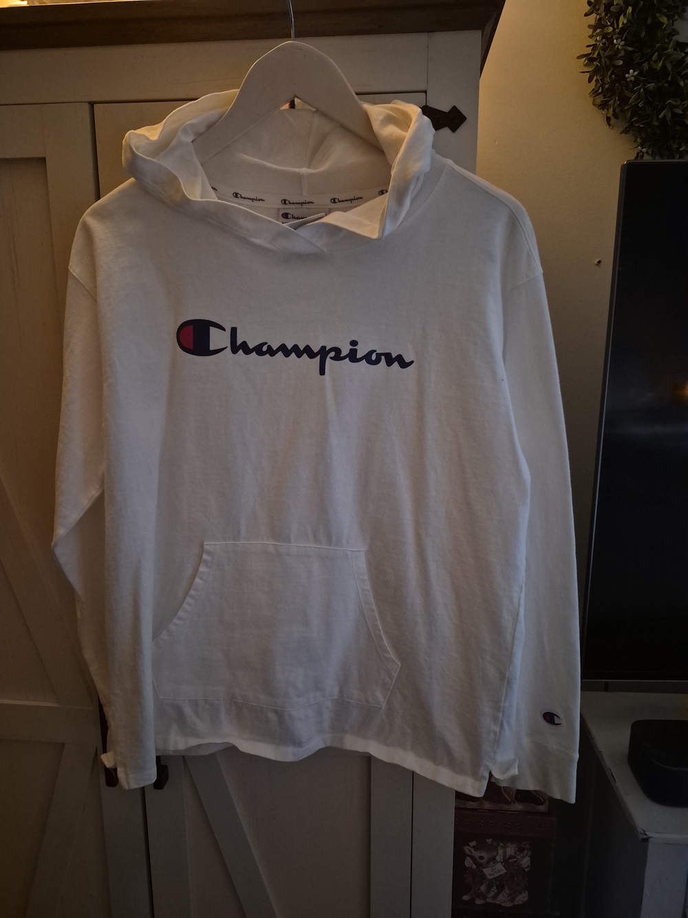 Champion Women White Hoodie with Navy and Red Script Logo Size M🥰